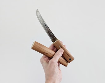 Vintage Short Japanese Tanto Style Inscribed Knife Wooden Sheath, Bag, Wavy Harmon