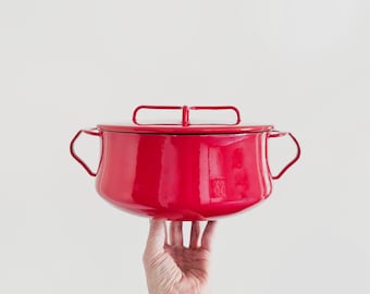 Vintage Mid Century Dansk Kobenstyle Red and White Enamel Dutch Oven Pot France JHQ 3 Quart