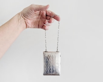 Monedero vintage de plata alemana con diseño de danza, tarjetero, monedero, cadena de muñeca compacta, cierre de pestillo a presión, estilo victoriano con flor de lis.