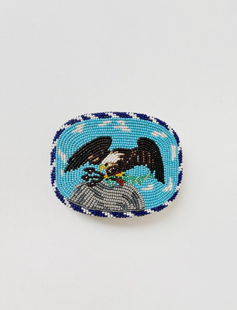 Vintage Handmade Beaded Bald Eagle Belt Buckle Blue Brown Glass Beads on Buckskin Leather Circa 1980's 80's image 1