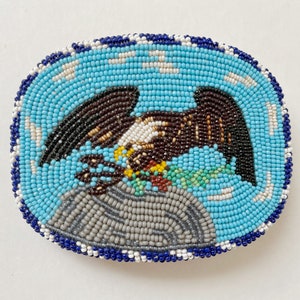 Vintage Handmade Beaded Bald Eagle Belt Buckle Blue Brown Glass Beads on Buckskin Leather Circa 1980's 80's image 2