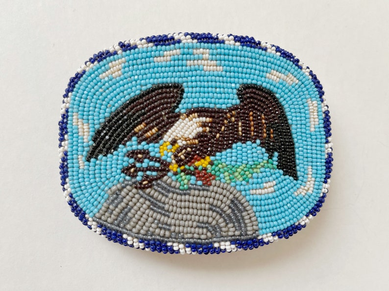 Vintage Handmade Beaded Bald Eagle Belt Buckle Blue Brown Glass Beads on Buckskin Leather Circa 1980's 80's image 2