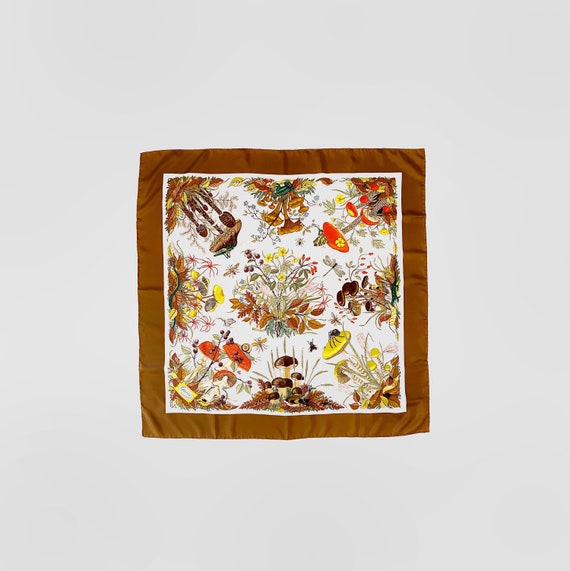 Vintage 1960 s 70 s Gucci Vittorio Accornero Funghi Mushroom and Floral Silk Twill Scarf Botanical Brown Border Kelly Italy Early Tag Autumn Etsy Israel