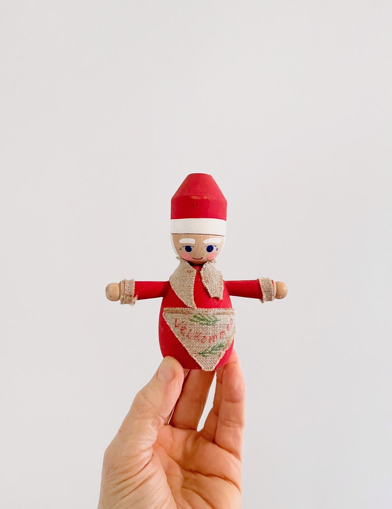 Vintage Swedish Wood Candle Holder Ornament Figurine Holiday Christmas Made in Sweden Velkommen image 1