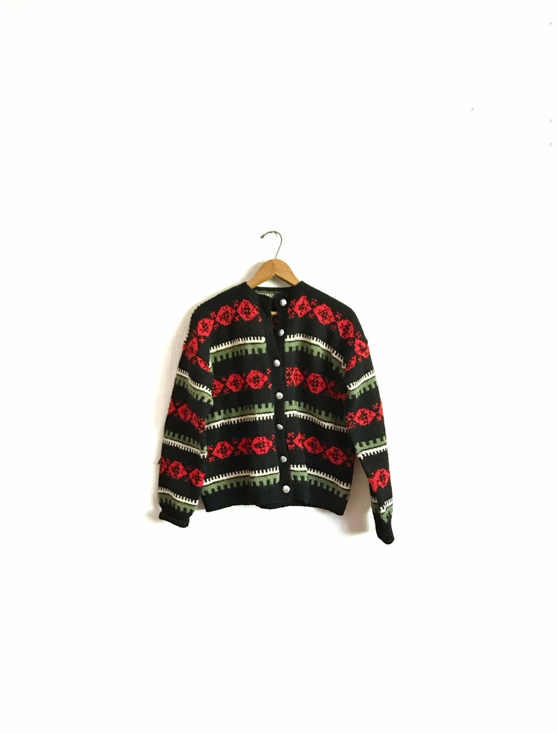 Traditional Vintage Scandinavian Style Fair Isle Ski Cardigan Sweater Women's Medium Black Red Cream Green Chunky Button Down Hand Knit image 3