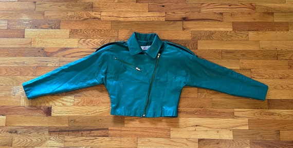Vintage 80's Cropped Green Leather Motorcycle Jac… - image 10