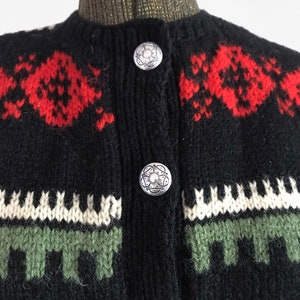 Traditional Vintage Scandinavian Style Fair Isle Ski Cardigan Sweater Women's Medium Black Red Cream Green Chunky Button Down Hand Knit image 4