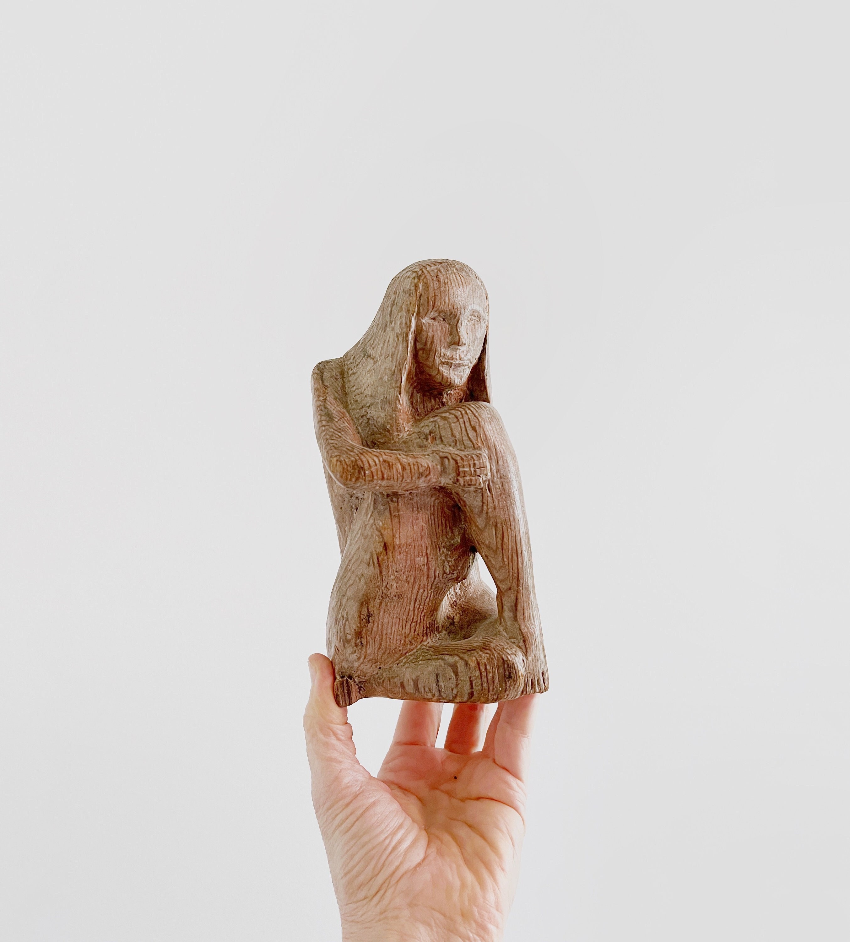 Vintage 1971 Self Taught Folk Art Carved Sculpture Wood Carving / Portrait of a Woman Naive Outsider Primitive Seated Hippie Figure