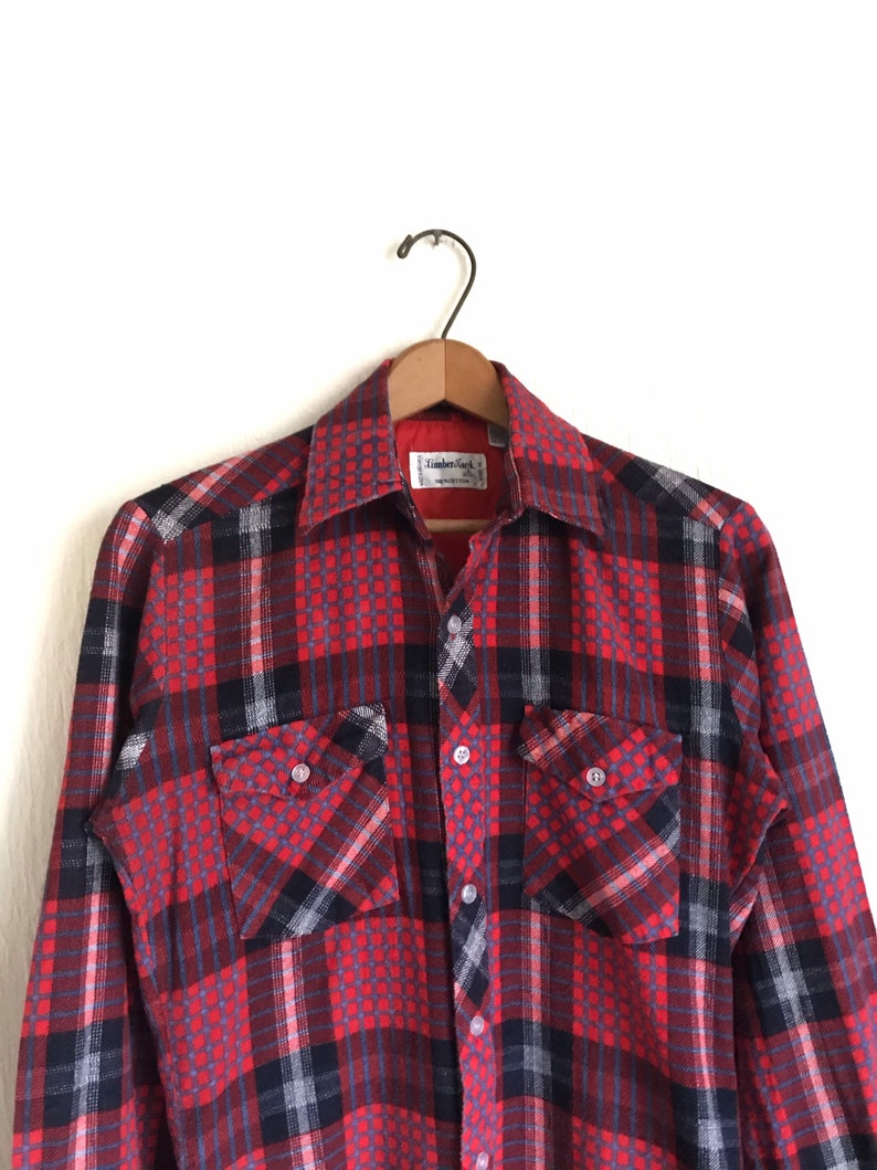 Vintage Men/'s Small Lumber Jack Cotton Flannel Shirt Red Navy Blue Long Sleeves Button Down Grunge 14-14.5