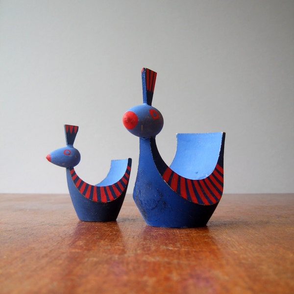 Vintage Swedish Wooden Bird Candle Holders - Vivid Blue and Red - RESERVED