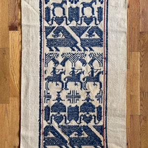 Fantastic Vintage Scandinavian Folk Art Style Cross Stitch Textile Tapestry Traditional Narrative Figural Pattern Cotton Wall Hanging Blue 画像 8