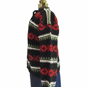 Traditional Vintage Scandinavian Style Fair Isle Ski Cardigan Sweater Women's Medium Black Red Cream Green Chunky Button Down Hand Knit image 7