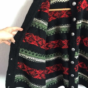 Traditional Vintage Scandinavian Style Fair Isle Ski Cardigan Sweater Women's Medium Black Red Cream Green Chunky Button Down Hand Knit image 6