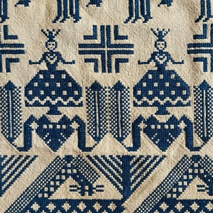 Fantastique vintage scandinave Folk Art Style point de croix Textile tapisserie traditionnel narratif figuratif motif coton tenture murale bleu image 4