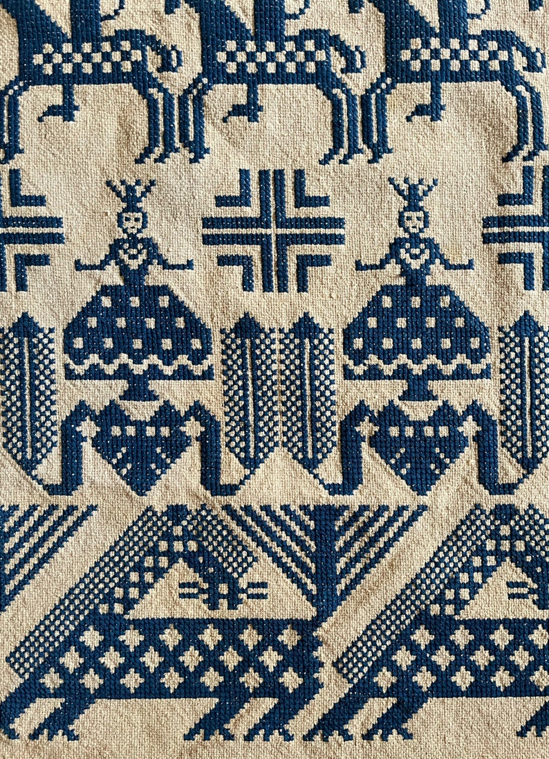 Fantastic Vintage Scandinavian Folk Art Style Cross Stitch Textile Tapestry Traditional Narrative Figural Pattern Cotton Wall Hanging Blue 画像 4