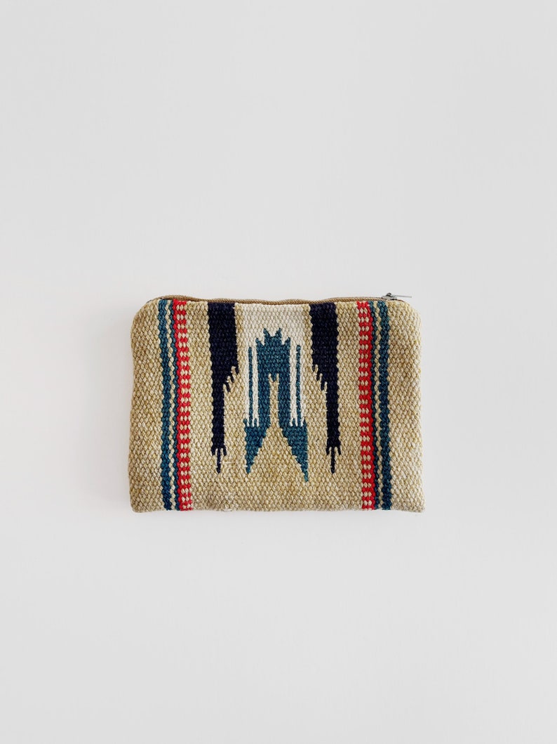 Vintage Traditional Chimayo New Mexico Handwoven Loomed Wool Blanket Pouch Zippered Purse Fred Harvey El Grande Southwest Craft Tan Blue Red image 1