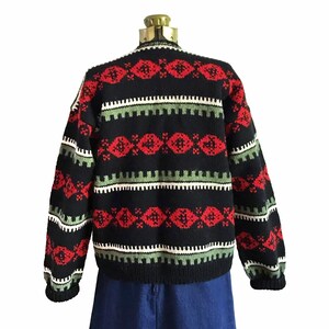 Traditional Vintage Scandinavian Style Fair Isle Ski Cardigan Sweater Women's Medium Black Red Cream Green Chunky Button Down Hand Knit image 8