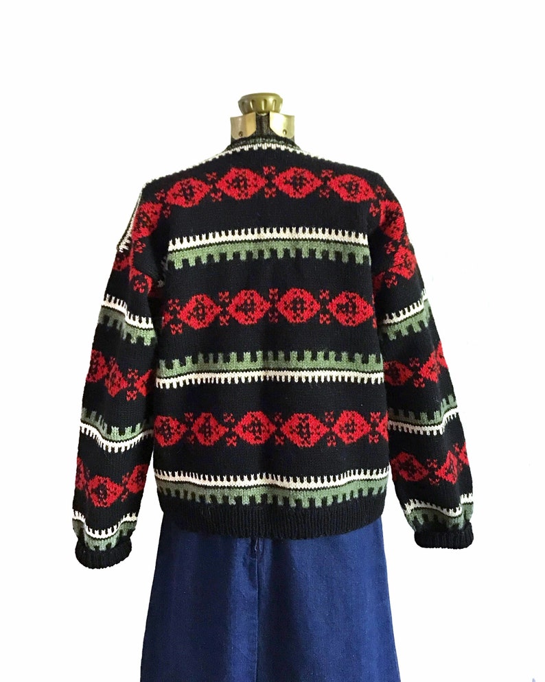 Traditional Vintage Scandinavian Style Fair Isle Ski Cardigan Sweater Women's Medium Black Red Cream Green Chunky Button Down Hand Knit image 8