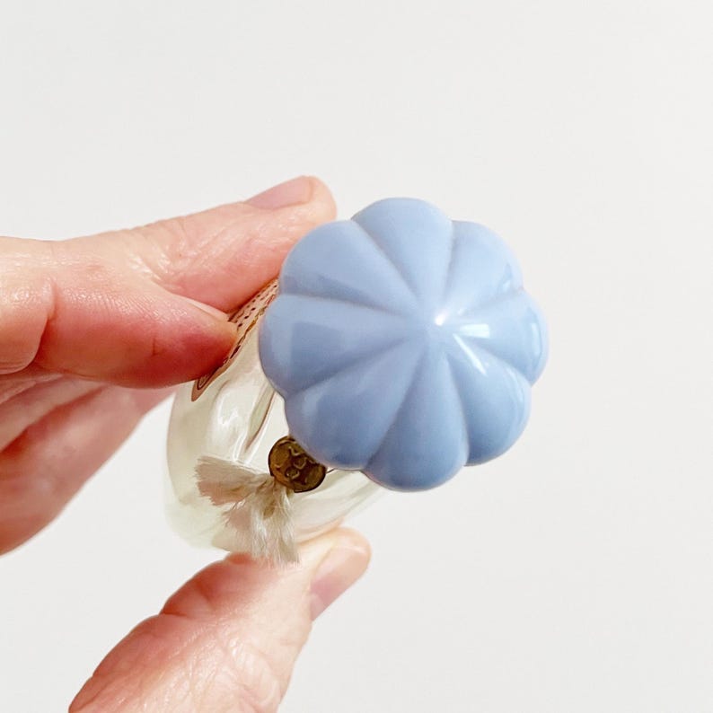 May include: A clear glass perfume bottle with a light blue, flower-shaped stopper. The bottle has a small, decorative tag and a tassel. The stopper is a soft, pastel blue color.