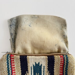 Vintage Traditional Chimayo New Mexico Handwoven Loomed Wool Blanket Pouch Zippered Purse Fred Harvey El Grande Southwest Craft Tan Blue Red image 7