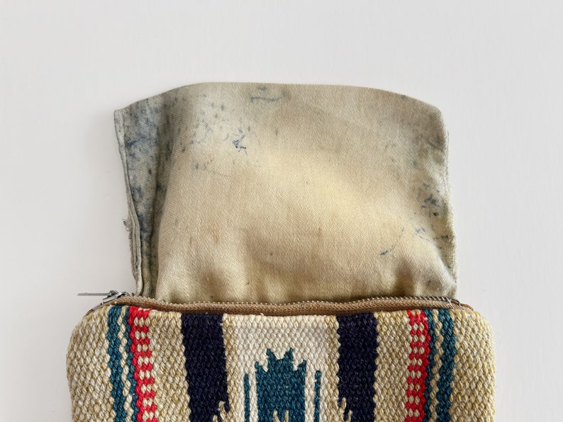 Vintage Traditional Chimayo New Mexico Handwoven Loomed Wool Blanket Pouch Zippered Purse Fred Harvey El Grande Southwest Craft Tan Blue Red image 7