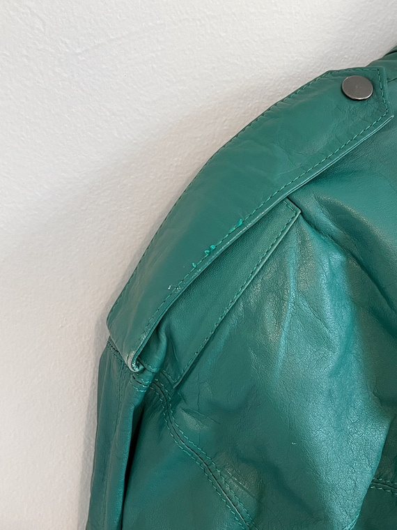 Vintage 80's Cropped Green Leather Motorcycle Jac… - image 7