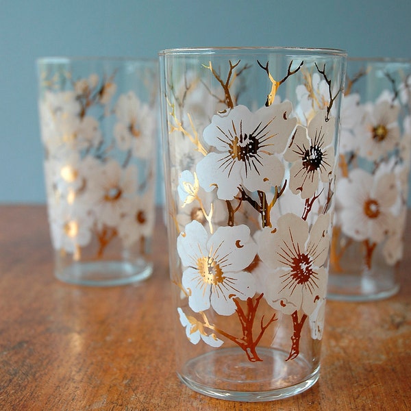 Mid Century Gold and Pink Floral Glasses - Set of Four