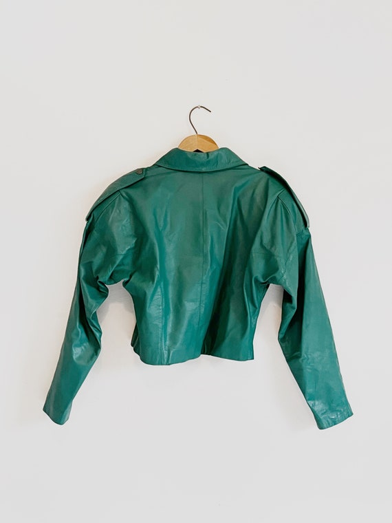 Vintage 80's Cropped Green Leather Motorcycle Jac… - image 9