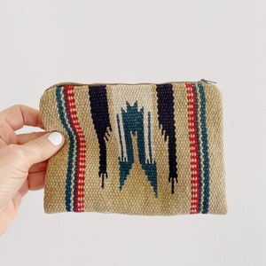 Vintage Traditional Chimayo New Mexico Handwoven Loomed Wool Blanket Pouch Zippered Purse Fred Harvey El Grande Southwest Craft Tan Blue Red image 2