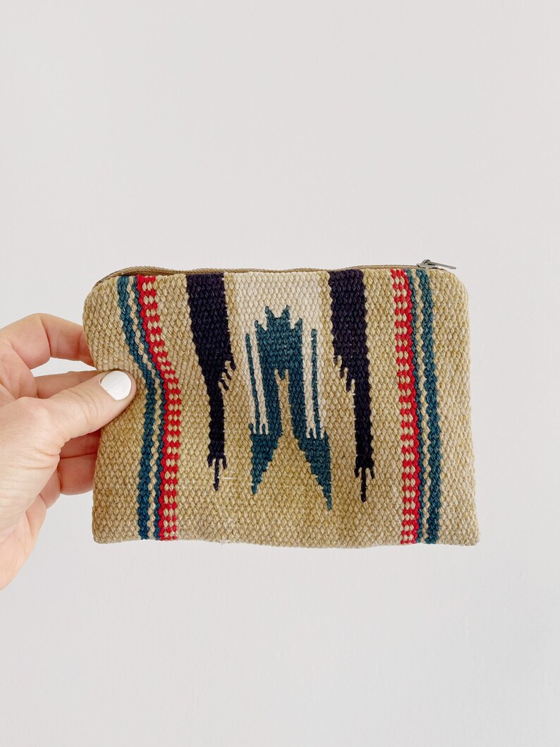 Vintage Traditional Chimayo New Mexico Handwoven Loomed Wool Blanket Pouch Zippered Purse Fred Harvey El Grande Southwest Craft Tan Blue Red image 2