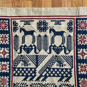 Fantastic Vintage Scandinavian Folk Art Style Cross Stitch Textile Tapestry Traditional Narrative Figural Pattern Cotton Wall Hanging Blue image 5