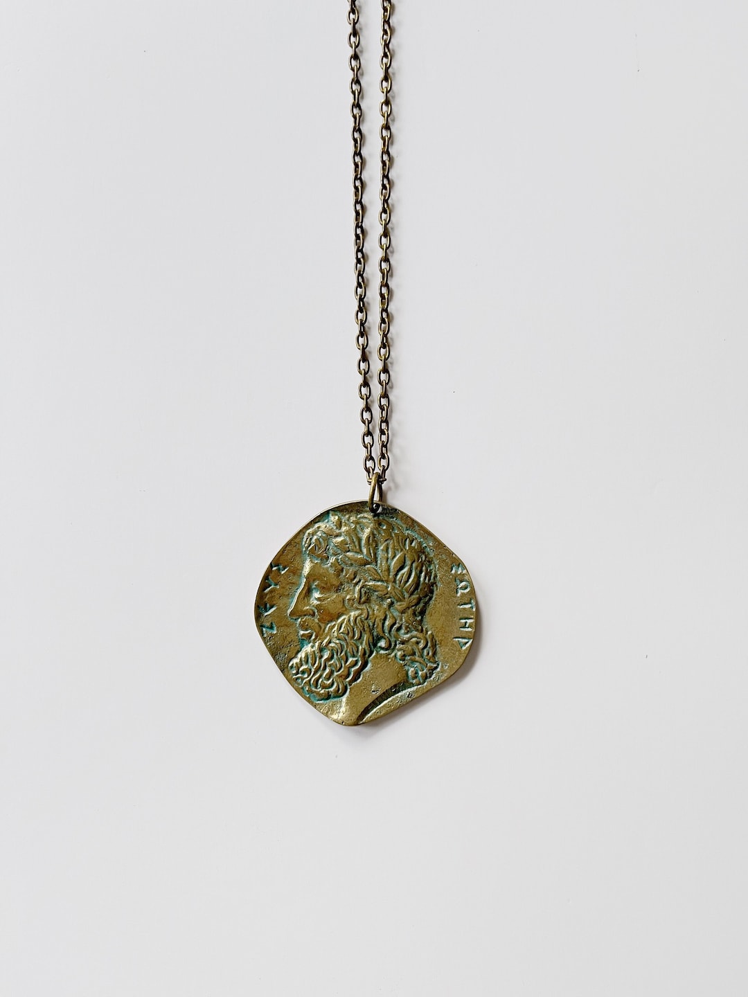 Vintage Circa 1960's Greek Roman Large Coin Style Zeus Pendant Necklace Brass / Bronze Verdigris Bling Gods Myth Mythology