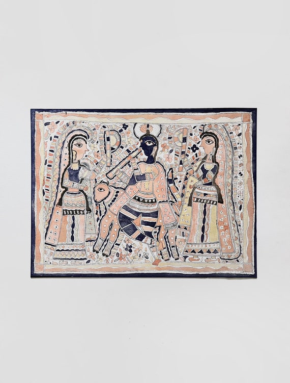Vintage Circa 1970's Style of Baua Devi / Others Modernist Krishna Figural Natural Pigment Watercolor Madhubani Mithila Painting Indian Art