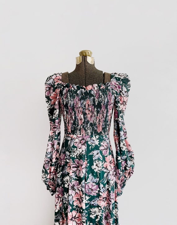 Long Vintage 60's / 70's Long Green / Pink Floral… - image 2