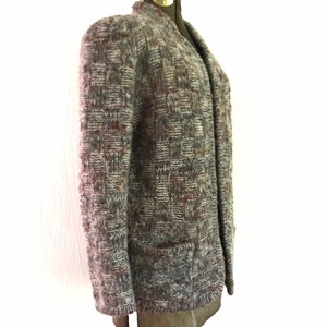 Vintage 70's 80's Women's Medium Mohair Wool Blend Open Cardigan Sweater Jacket Gray Checks Pockets Nordstrom Town Square image 6