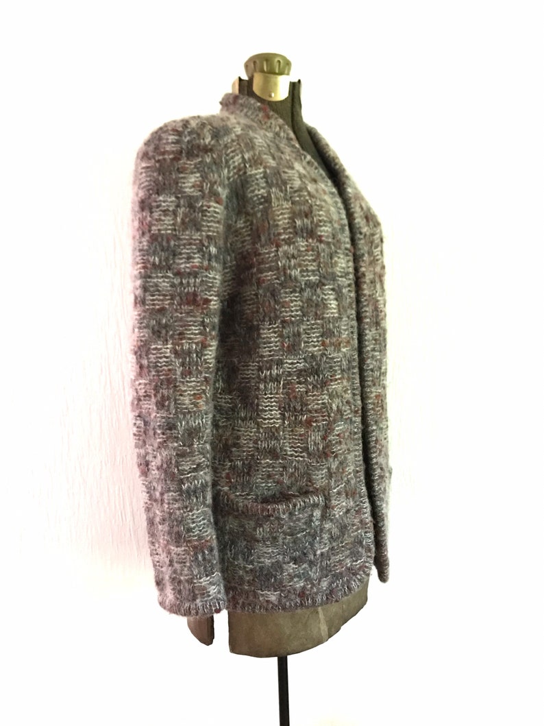 Vintage 70's 80's Women's Medium Mohair Wool Blend Open Cardigan Sweater Jacket Gray Checks Pockets Nordstrom Town Square image 6