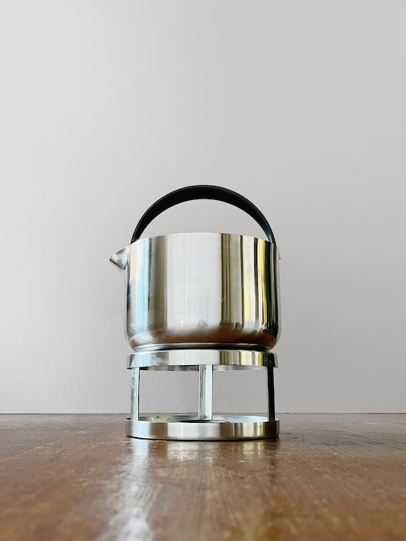 Vintage Stelton Edelstahl/Kunststoff Teekanne mit Sieb Erik Magnussen Design Cylinda Stövchen