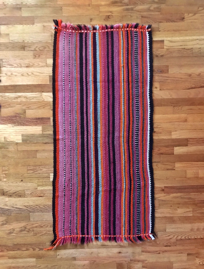 Vintage Handwoven Striped Wool Throw Rug / Runner image 2