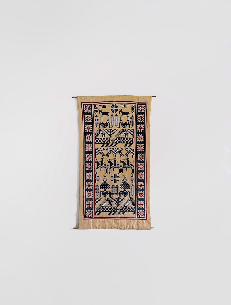 Fantastic Vintage Scandinavian Folk Art Style Cross Stitch Textile Tapestry Traditional Narrative Figural Pattern Cotton Wall Hanging Blue image 1