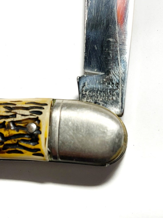 Vintage Colonial Fish Knife Stainless Pocket Knife Faux Bone Antler Handle  Two Blades Providence US Made Circa 1960's 50's Stag Hunting 
