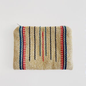 Vintage Traditional Chimayo New Mexico Handwoven Loomed Wool Blanket Pouch Zippered Purse Fred Harvey El Grande Southwest Craft Tan Blue Red image 3