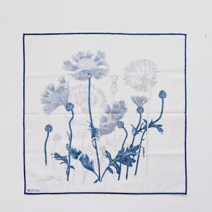 Puede incluir: Un pa&ntilde;uelo de bolsillo cuadrado de color blanco con un estampado bot&aacute;nico azul de acianos y cardos. La tela tiene un borde fino de color azul en los cuatro lados. Una peque&ntilde;a etiqueta blanca es visible en la esquina inferior izquierda.