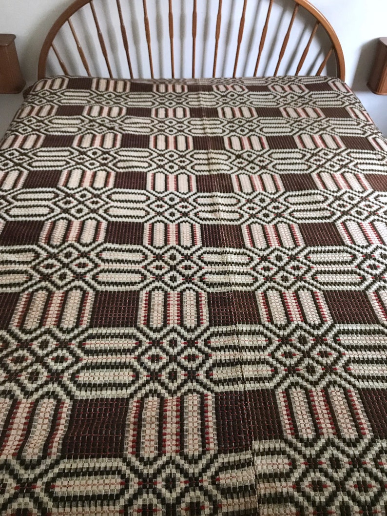 Vintage Antique Overshot Woven Wool Coverlet Brown Red White Etsy
