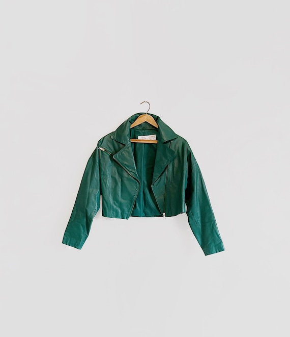 Vintage 80's Cropped Green Leather Motorcycle Jac… - image 2