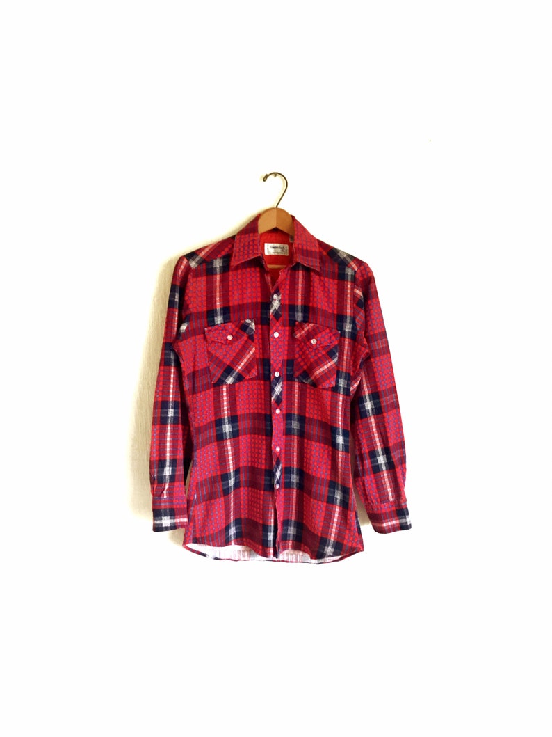 Vintage Men/'s Small Lumber Jack Cotton Flannel Shirt Red Navy Blue Long Sleeves Button Down Grunge 14-14.5