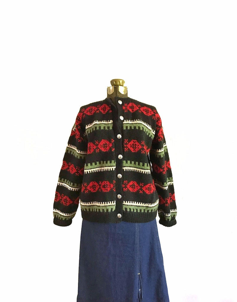 Traditional Vintage Scandinavian Style Fair Isle Ski Cardigan Sweater Women's Medium Black Red Cream Green Chunky Button Down Hand Knit image 2