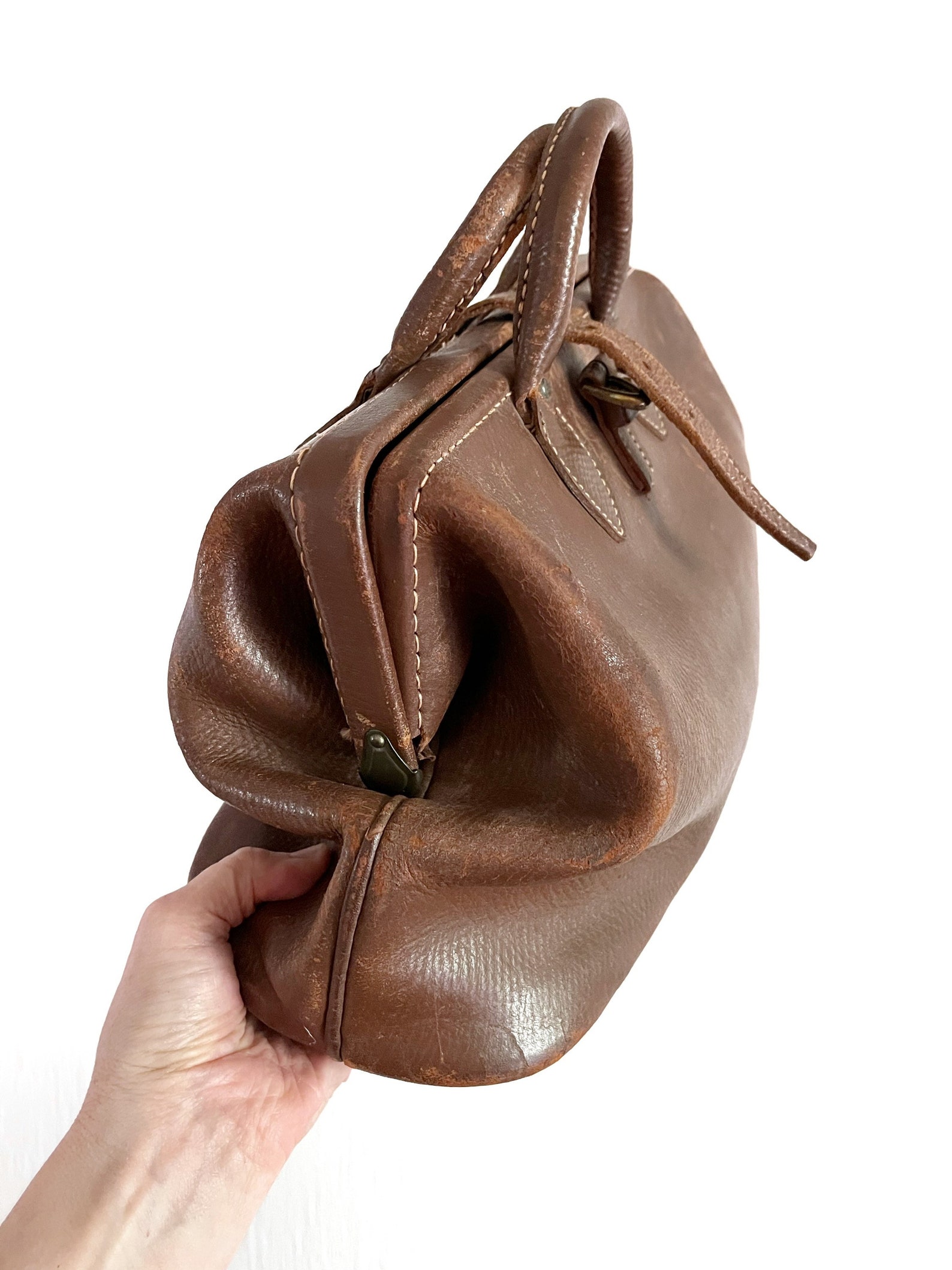 Medium Sized Vintage / Antique Brown Cowhide Leather | Etsy