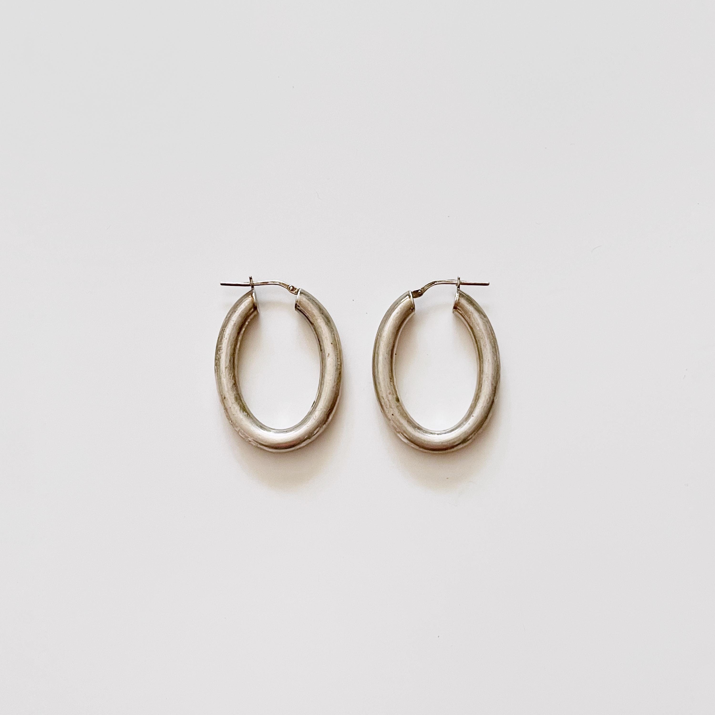 Vintage Medium Sized Hollow Sterling Silver 925 Oval Hoop Pierced Earrings with Hinged Closure Holloware