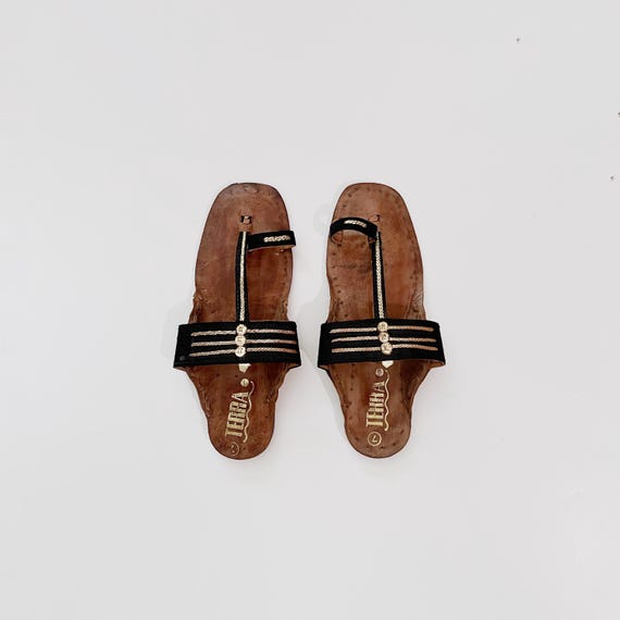 Vintage Traditional Indian Kolhapuri Chappal Folk Style Leather Black Canvas Gold Sandals Shoes Size 7 "Terra" Made in India Slip On