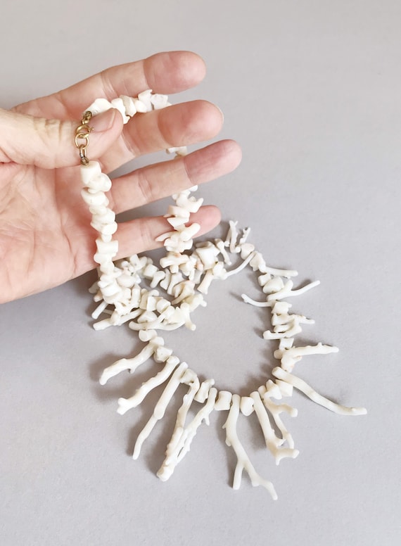 Vintage 70's Long White Branch Coral Beaded Neckl… - image 2
